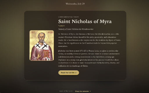 Saint of the Day — Orthodox Calendar :: One saint a day. Every new tab opens on a life from the Orthodox calendar — their icon, their story, and a link to read the rest.