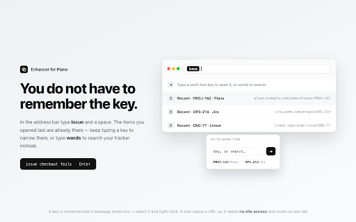 Enhancer for Plane — Quick Open & Issue Templates :: Issue templates, quick open by key, copy reference, and a focus mode that hides the side panels — inside the Plane UI.