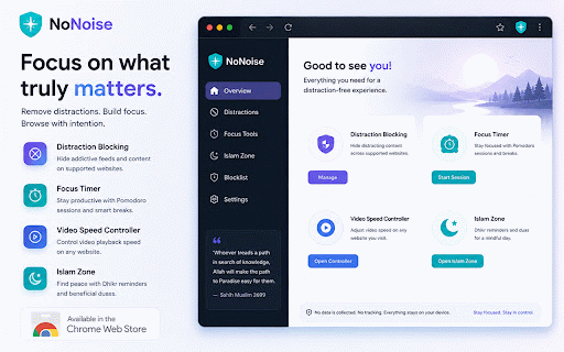 NoNoise - Distraction Blocker & Focus Tool :: Hide YouTube Shorts, Facebook Reels & distracting feeds. Free, no tracking, runs locally. Your focus, your rules.