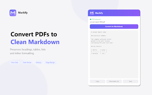 Markify — PDF to Markdown :: Convert PDFs to clean, formatted Markdown. Preserves headings, lists, tables, and inline formatting.