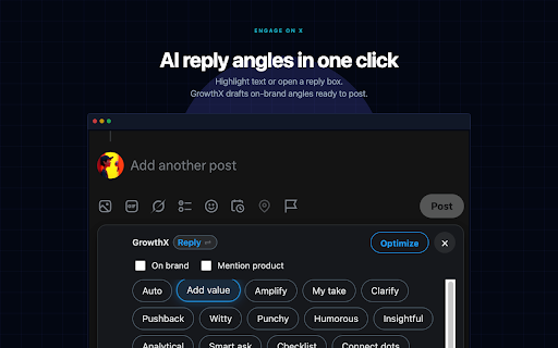 GrowthX Pro :: Reply on X without leaving the thread. Highlight text or open a reply box, pick a tone, fill your draft. You always send.