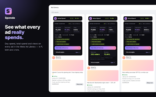 Spendo – Ad Spend & Sales Insights :: See spend, views, sales and performance for every ad in the Meta Ads Library.
