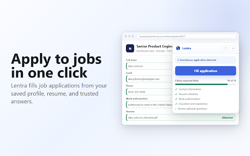Lentra - Job Application Autofill, AI Resume, Auto Apply :: Autofill job applications in one click. Land your next role faster. Lentra will autofill every job form quickly to save you time.