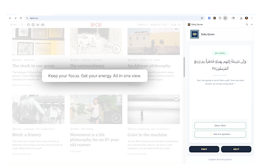 Daily Quran :: Read and navigate Quranic verses in a side panel with tafsir and AI reflection.