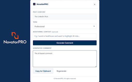 NovatorPRO: LinkedIn AI Comment Generator :: NovatorPRO: Generate AI-powered comments for LinkedIn posts using customizable tone and context.