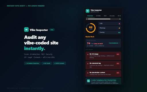 Vibe Inspector by GetInlytics :: Pre-launch audit for vibe-coded sites. Detects AI builder, checks SEO, UX, security & consent banner. Free by GetInlytics.