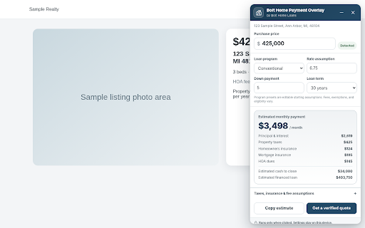 Bolt Home Payment Overlay :: Calculate a personalized estimated mortgage payment from a visible home listing price—only when you click the extension.