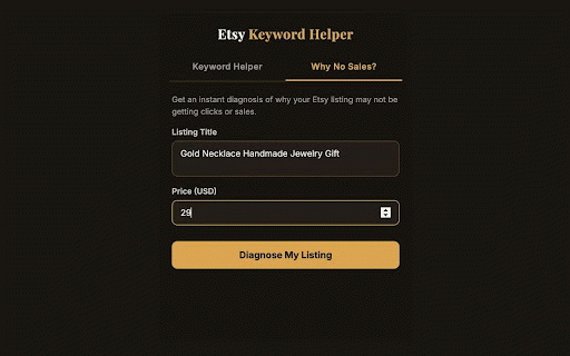 Listing Doctor — Why No Sales? for Etsy :: Instantly diagnose why your Etsy listing may not be getting clicks or sales. Not affiliated with Etsy.