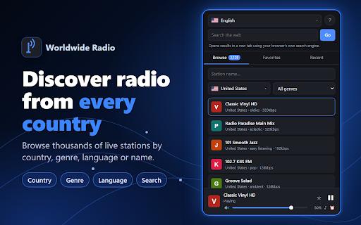Worldwide Radio :: Listen to free radio stations from around the world. Browse by country, genre, or name and save your favorites.