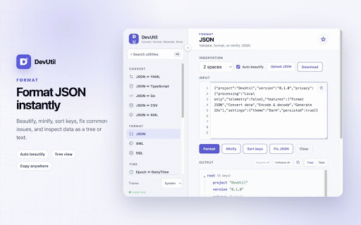 DevUtil – JSON Formatter & Developer Tools :: A local developer toolbox for formatting, converting, encoding, and generating data directly in your browser.