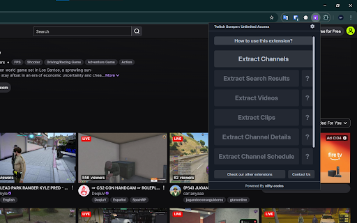 Twitch Scraper: Export Channels, Streams, Chat & more :: Scrape Clips, Schedules, Users, and more from Twitch, with options to export in formats such as CSV, Excel, JSON and others