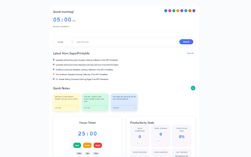 SuperPrintable Tab :: Modern new tab dashboard with latest posts, notes, focus timer, and productivity stats.