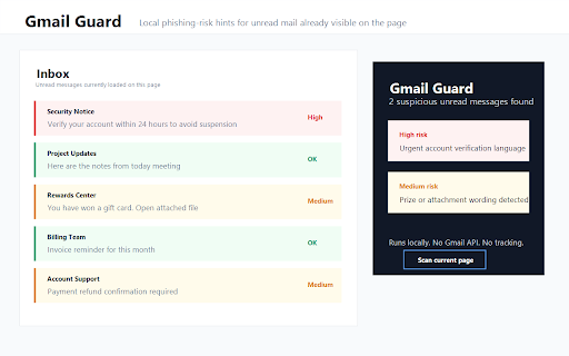 Gmail Guard :: Highlights suspicious unread messages on the current Gmail or Outlook page with local phishing-risk hints.