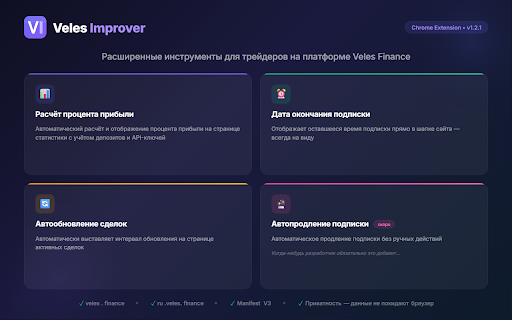 veles-improver :: Veles Improver — набор полезных улучшений для платформы Veles.finance, которые делают работу трейдера удобнее и быстрее. Расширение…