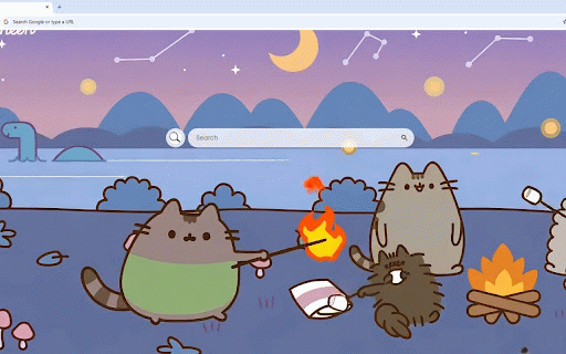 Pusheen Camping Live Wallpaper :: Pusheen and cat friends roasting marshmallows by campfire at twilight lake with Loch Ness monster and constellation-filled sky.