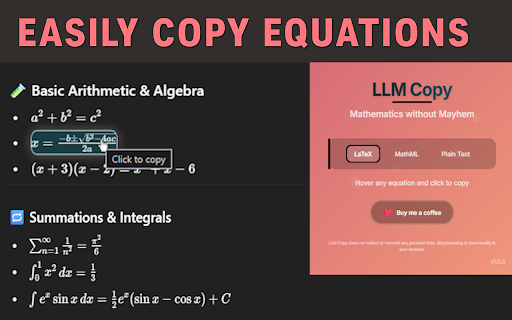 LLM Copy – AI Math Copier for ChatGPT & Grok (LaTeX, MathML, Plaintext) :: Detects equations on LLM interfaces and copies their LaTeX source on click.