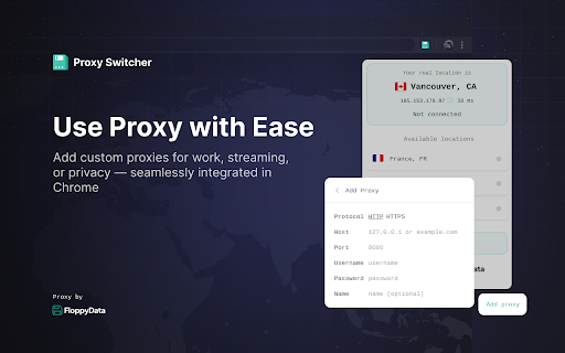 Floppydata Proxy Extension and Switcher :: Floppydata Proxy Extension is a powerful and easy-to-use proxy manager for Google Chrome that helps you control, switch, and…