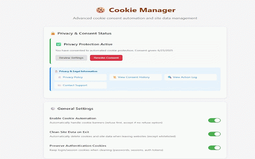 Smart Cookie Manager - Privacy Protection :: Automatically refuse cookie tracking banners and clean site data while preserving user logins.