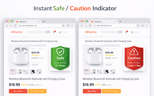 AliExpress Seller Trust Meter :: Check seller trust score instantly on AliExpress. Features a simple green/red indicator and Years Active display.