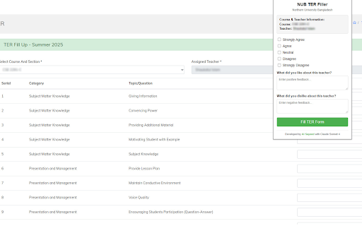 NUB TER Filler :: Automatically fill TER form for Northern University Bangladesh with selected feedback options