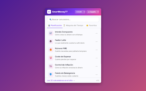 SmartMoney77 — Financial Calculators :: Free financial calculators at your fingertips. Compound interest, FIRE, latte factor, Bitcoin history & more in 6 languages.