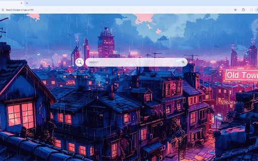 Old Town Rain Live Wallpaper :: Rain cascades over neon-lit rooftops as pink and blue hues illuminate nostalgic cityscape.