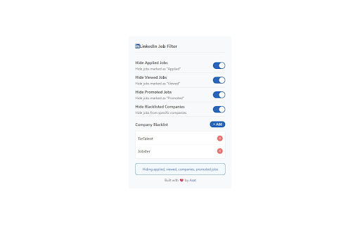 LinkedIn Job Filter :: Hide applied, promoted and viewed jobs on LinkedIn. Add companies to a blacklist to filter out jobs from those companies.