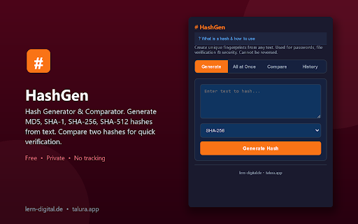 HashGen - Hash Generator & Comparator :: Generate MD5, SHA-1, SHA-256, SHA-512 hashes from text. Compare two hashes for quick verification.