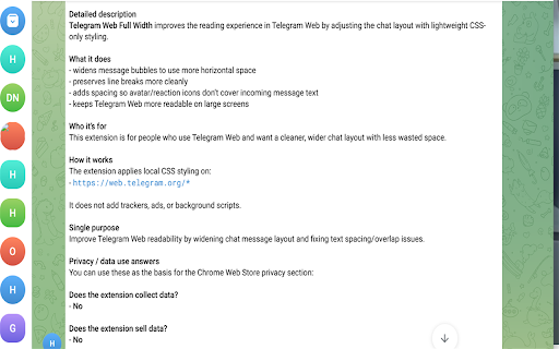Telegram Web Full Width :: Widen Telegram Web message bubbles, preserve line breaks, and keep avatar icons from covering text.