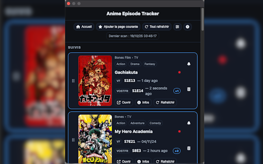 Anime Episode Tracker :: Soyez averti dès qu’un nouvel épisode VF/VOSTFR est disponible. Multi-saisons. Vérifications automatiques.