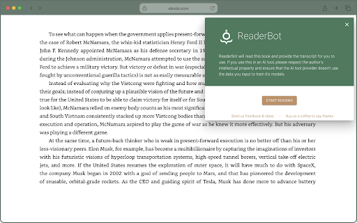 ReaderBot: eBook to AI speed reader :: Let ReaderBot speed read web based eBooks that you own and provide the transcript for you to use in the AI tool of your choice.