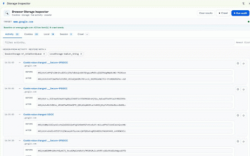Browser Storage Inspector :: Inspect cookies, localStorage, and sessionStorage on the active tab. Track changes over time and crawl same-origin links.