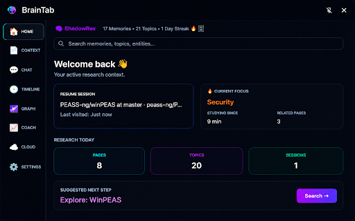 BrainTab :: AI-powered second brain that automatically remembers, summarizes, and connects everything you learn while browsing.