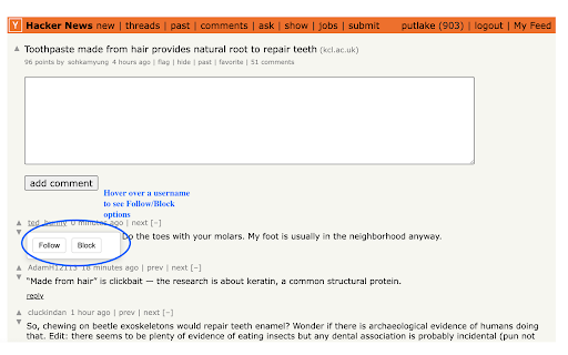 HN Follow/Block :: Follow users and block annoying commenters on Hacker News. See your personalized feed of posts and comments from users you follow.