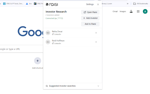 Raisi Investor Research :: Save LinkedIn investors to your Raisi workspace from the browser.