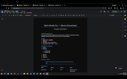 Dark Mode Fix for Google Docs, Sheets & Slides :: Fixes Dark Reader Dynamic in Google Docs/Sheets/Slides by excluding editor content. Optional in-page toggle.