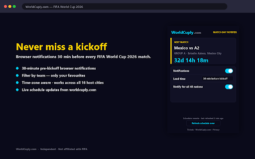 WorldCuply Match-Day Notifier :: Browser notifications 30 min before every FIFA World Cup 2026 match. Filter by team. Time-zone aware. By WorldCuply.com.