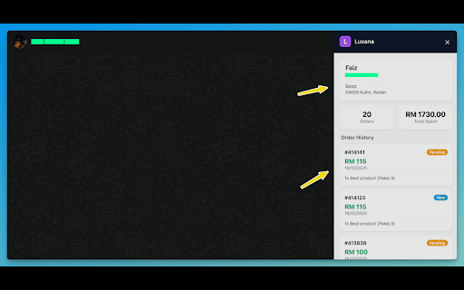 Luxana for WhatsApp :: View Luxana customer order history, tracking, and contact info in WhatsApp Web. Read-only sidebar for sellers using Luxana CRM.