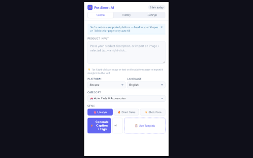 PostBoost AI — Ecommerce Caption Generator :: AI-powered product title, description & hashtag generator for Shopee, Lazada & TikTok Shop sellers in Southeast Asia.