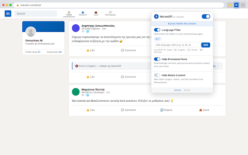 NoiseOff for LinkedIn :: Filter LinkedIn feed by language, hide promoted posts, and cut through the noise.
