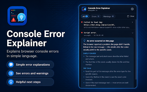 Console Error Explainer :: Catches browser console errors on any page and explains them in plain, simple language.