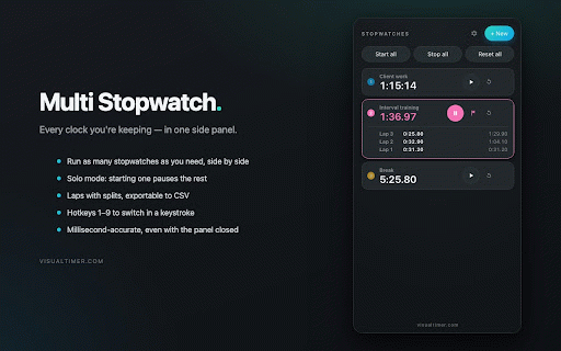 Multi Stopwatch :: Run as many stopwatches as you need, side by side. Start and stop them together, or let solo mode keep just one running.
