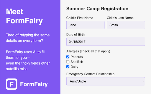 FormFairy: Let AI Fill Forms for You :: Tired of retyping the same details? FormFairy auto-fills your forms instantly while keeping your information private.