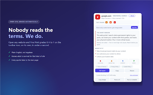 Fine Print Guard: Ad Blocker, Pop-up Blocker & Tracker Blocker :: Free ad blocker and pop-up blocker. Stops trackers, rejects cookie banners for you, and warns you about bad terms of service.