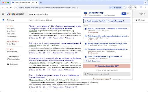 ScholarScoop :: Export Google Scholar results to CSV in one click. Captures title, authors, year, journal, citations, and PDF links.