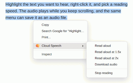 Cloud Speech :: Turn highlighted text into high-quality natural speech using multiple cloud providers.