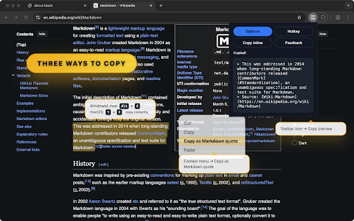 MarkQuote :: Copy webpage selections as Markdown quotes with reference source link.