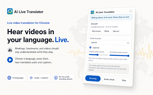 AI Live Translator :: Translate browser video and call audio live with translated speech and captions.