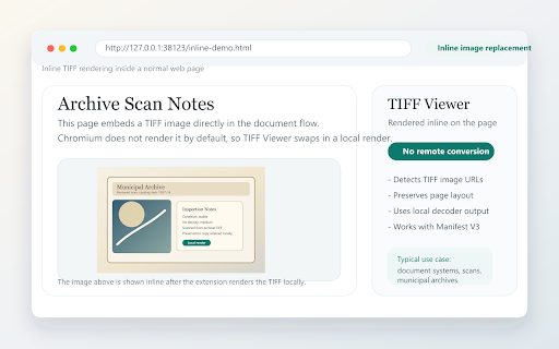 TIFF viewer :: Open TIFF/TIF images in Chromium browsers with inline page rendering and a dedicated Manifest V3 viewer.