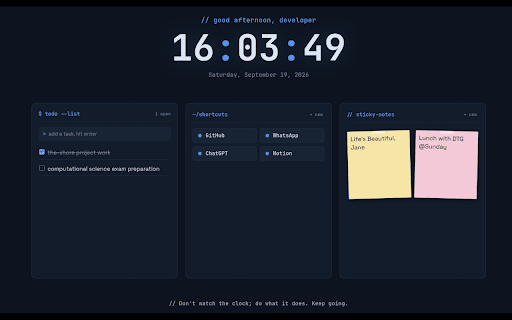 Telos :: A developer-styled homepage: live clock, sticky notes, to-do list, and quick shortcuts.